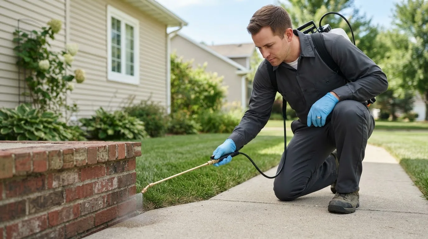 Pest control technician treating a home near Bethel, CT
